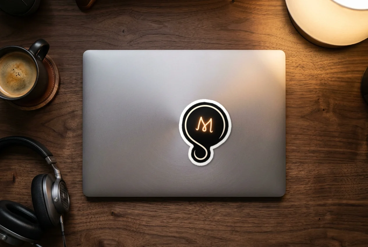 A die-cut logomark sticker with a glowing M on the lid of a silver laptop.