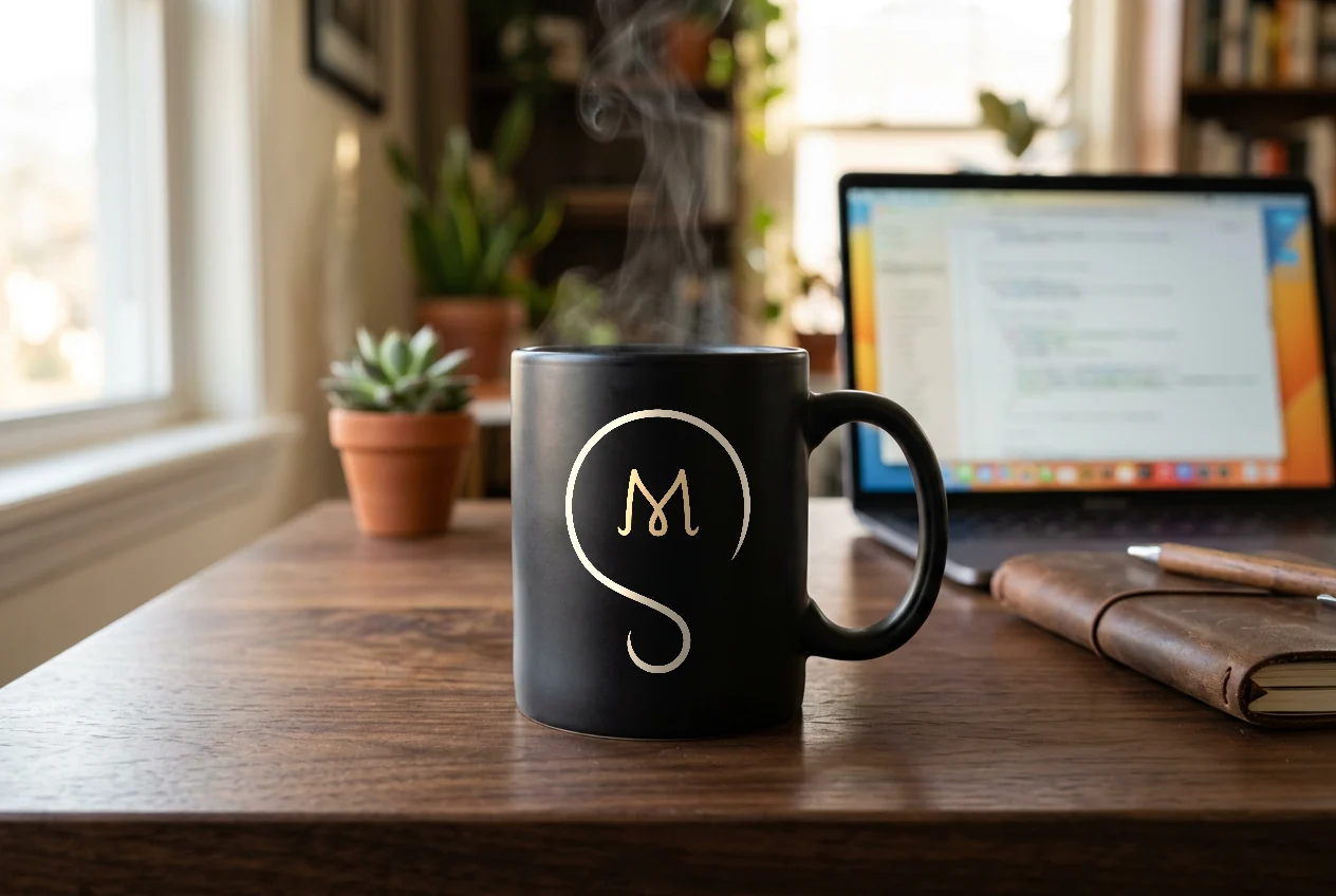 A black coffee mug on a desk with the logomark printed on the front.
