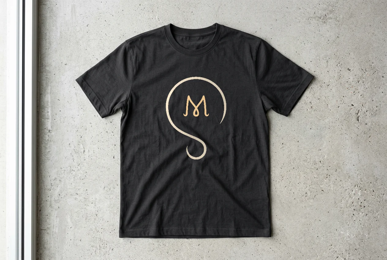 A charcoal t-shirt laid flat on concrete with the logomark printed across the chest.